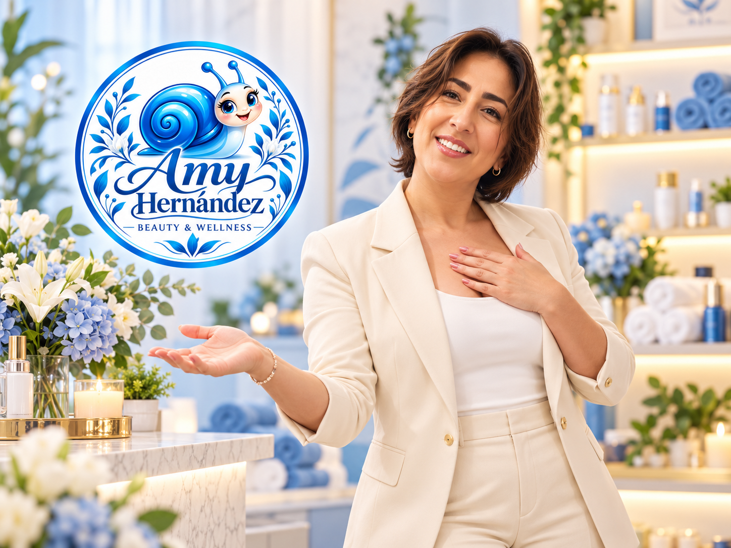 Amy Hernández Beauty & Wellness, imagen y logo completo del caracol azul